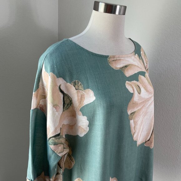 Soft Surroundings XL Fleur Top Teal Beige 3/4 Sleeve Lyocell Linen Floral Shirt - Picture 4 of 11